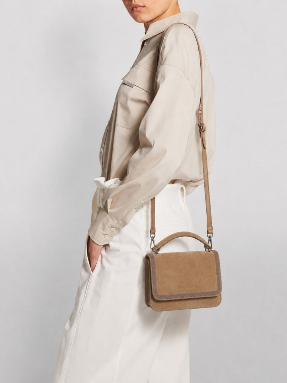 Brunello Cucinelli Monili Top Handle Bag Brown Suede Crossbody Removeable Strap
